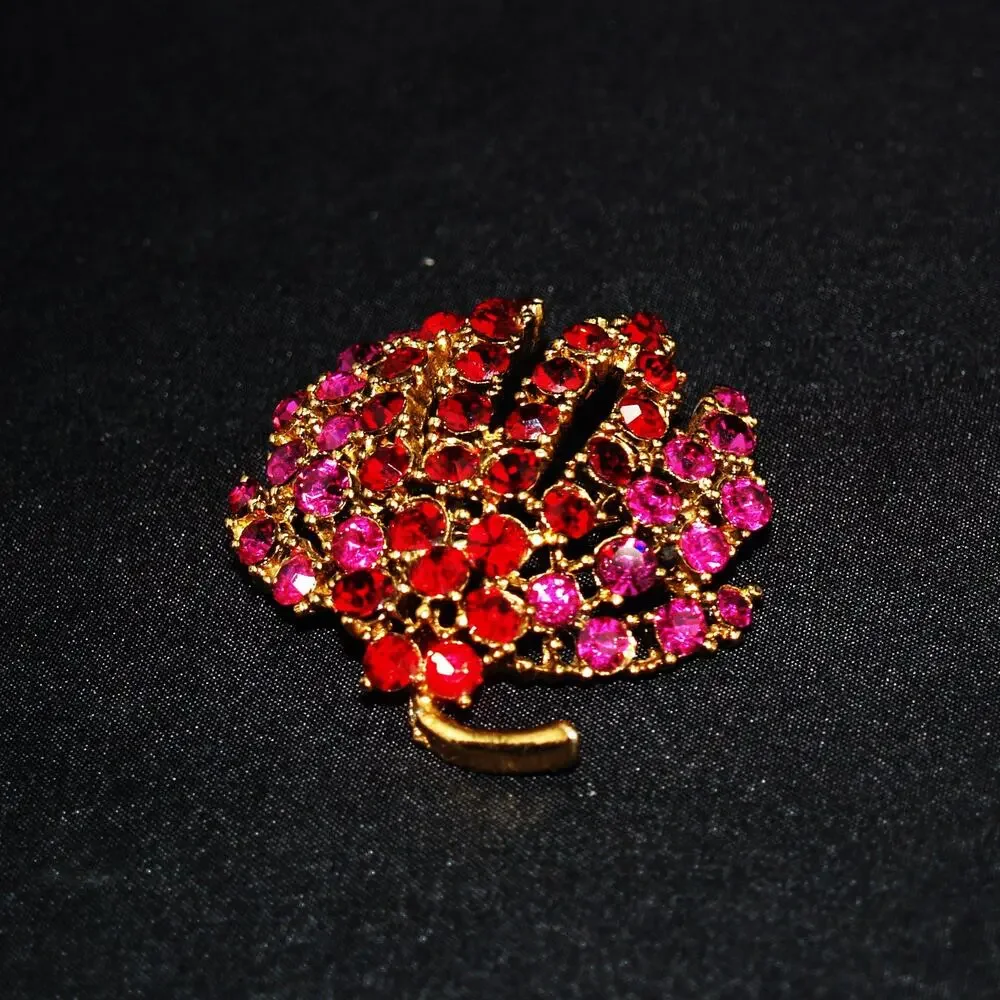 Vintage Floral Red Pink Rhinestone Brooch, Gold Tone, 1990s Jewelry